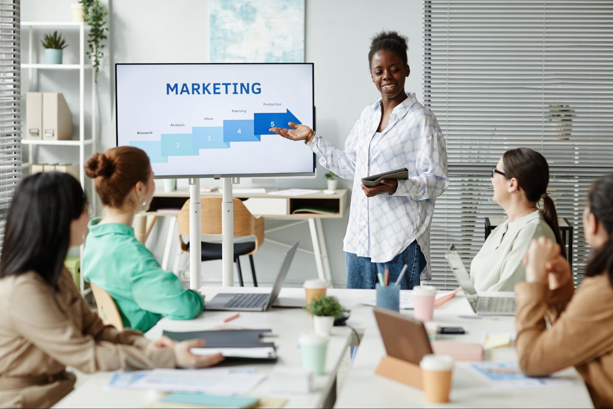 A female beside a monitor explains a marketing report to colleagues.